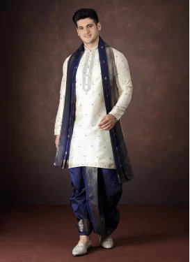 Jacquard Silk Dhoti Kurta with Woven Work in Navy Blue and Off White