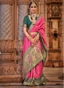 Jacquard Silk Green and Rose Pink Designer Contemporary Style Saree For Festival