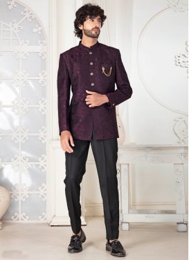 Jacquard Silk Jodhpuri Suit with Resham Work in Black and Purple