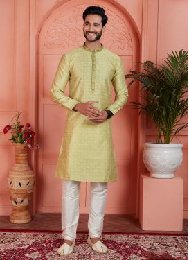 Jacquard Silk Kurta Pajama in Aloe Veera Green and Off White with Lace Work for Men
