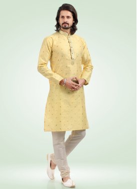 Jacquard Silk Kurta Pajama in Gold with Lace Work for Men