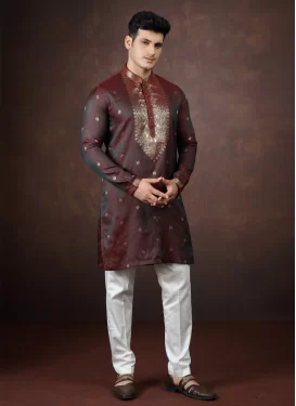 Jacquard Silk Kurta Pajama with Woven Work for Festival in Coffee Brown and White