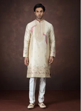 Jacquard Silk Kurta Pajama with Woven Work in Cream and Off White for Festival