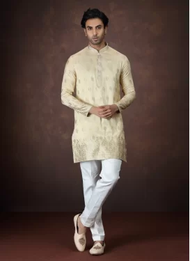 Jacquard Silk Kurta Pajama with Woven Work in Cream and White