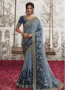 Jacquard Silk Light Blue and Navy Blue Traditional Designer Saree