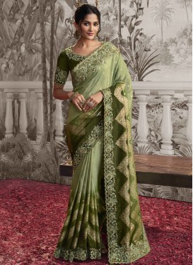 Jacquard Silk Mint Green and Olive Embroidered Work Traditional Designer Saree