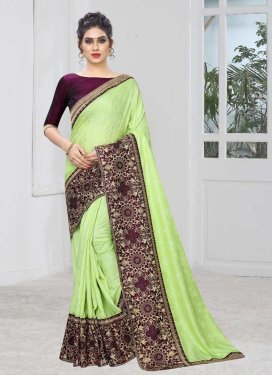 Jacquard Silk Mint Green and Purple Embroidered Work Designer Contemporary Saree