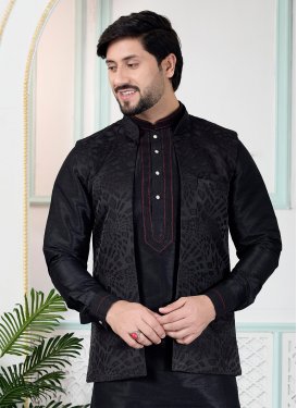 Jacquard Silk Nehru Jacket in Black with Woven Work for Men