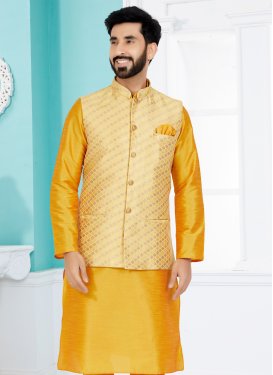 Jacquard Silk Nehru Jacket in Gold with Woven Work for Ceremonial