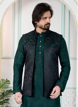 Jacquard Silk Nehru Jacket in Green with Woven Work for Men