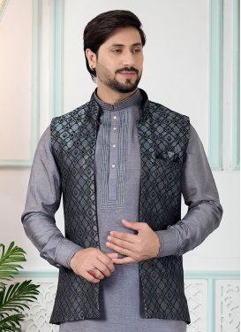 Jacquard Silk Nehru Jacket in Grey with Woven Work for Party