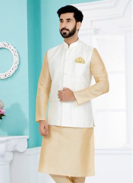 Jacquard Silk Nehru Jacket in White with Woven Work for Men