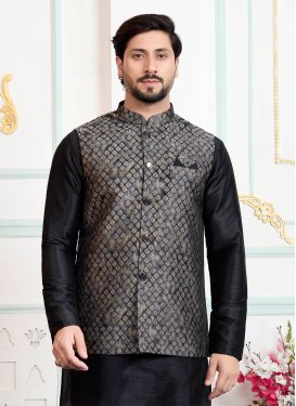Jacquard Silk Nehru Jacket with Woven Work for Festival in Black