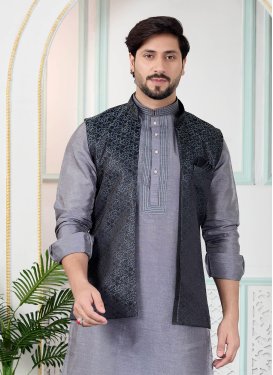 Jacquard Silk Nehru Jacket with Woven Work for Festival in Grey