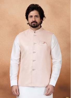 Jacquard Silk Nehru Jacket with Woven Work for Festival in Salmon