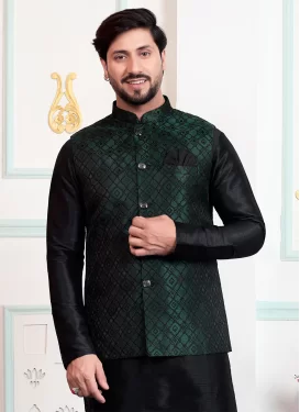 Jacquard Silk Nehru Jacket with Woven Work for Men in Green