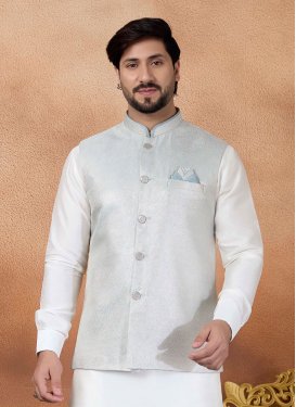 Jacquard Silk Nehru Jacket with Woven Work for Men in Light Blue