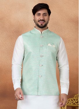 Jacquard Silk Nehru Jacket with Woven Work for Men in Turquoise