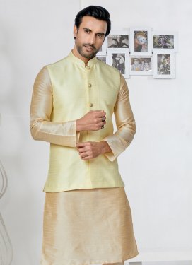 Jacquard Silk Nehru Jacket with Woven Work in Cream for Ceremonial