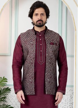 Jacquard Silk Nehru Jacket with Woven Work in Crimson