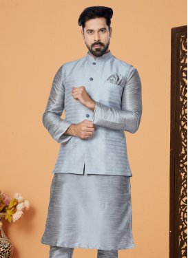 Jacquard Silk Nehru Jacket with Woven Work in Grey