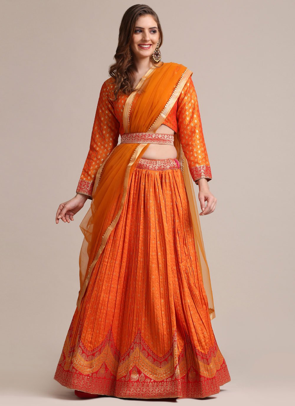 Jacquard Silk Orange and Red Designer Lehenga Choli