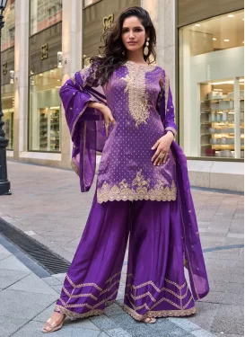 Jacquard Silk Palazzo Suit in Purple with Embroidered Work for Women
