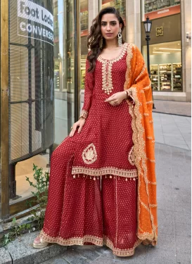 Jacquard Silk Palazzo Suit in Red with Embroidered Work for Women