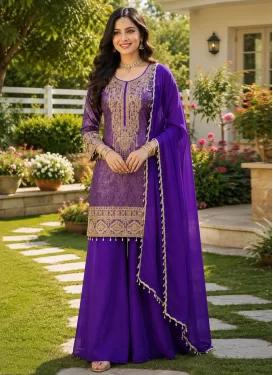 Jacquard Silk Palazzo Suit with Embroidered Work for Festival in Purple