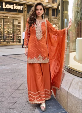 Jacquard Silk Palazzo Suit with Embroidered Work for Party in Orange