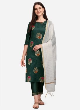 Jacquard Silk Readymade Salwar Suit with Woven Work in Bottle Green
