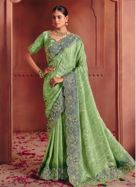 Jacquard Silk Traditional Saree with Embroidered Work for Bridal in Mint Green