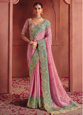Jacquard Silk Trendy Saree in Pink and Sea Green with Embroidered Work for Women