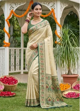 Jacquard Silk Trendy Saree with Woven Work for Festival in Cream and Green