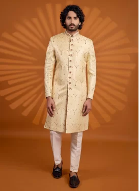 Jacquard Silk Wedding Sherwani in Cream with Resham Work for Party
