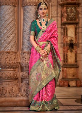 Jacquard Woven Work Green and Rose Pink Designer Contemporary Style Saree