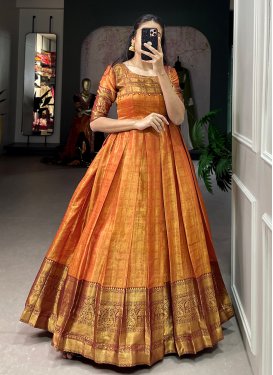 Kanjivaram Silk Brown and Orange Readymade Designer Gown For Festival