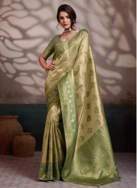 Kanjivaram Silk Classic Saree in Cream and Olive with Woven Work for Women