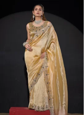 Kanjivaram Silk Classic Saree in Cream with Swarovski Work for Women