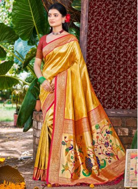 Kanjivaram Silk Classic Saree in Mustard and Red with Woven Work for Ceremonial