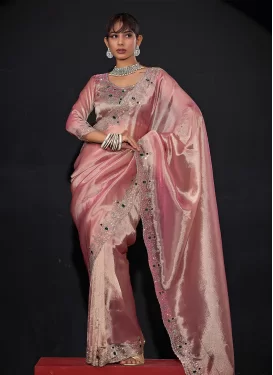 Kanjivaram Silk Classic Saree with Swarovski Work in Salmon