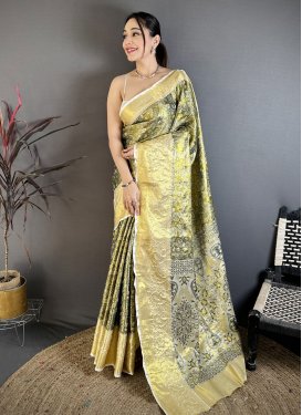 Kanjivaram Silk Classic Saree with Woven Work for Women in Gold and Olive