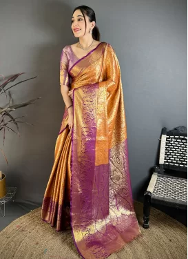 Kanjivaram Silk Classic Saree with Woven Work for Women in Orange and Purple