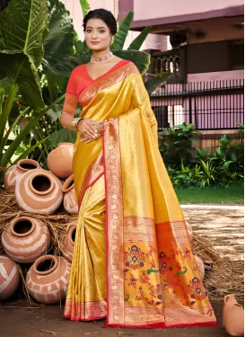 Kanjivaram Silk Classic Saree with Woven Work in Mustard and Rose Pink