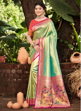 Kanjivaram Silk Classic Saree with Woven Work in Rose Pink and Turquoise