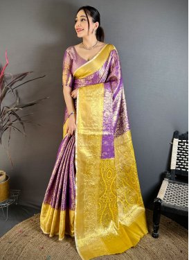 Kanjivaram Silk Classic Saree with Woven Work in Violet and Yellow