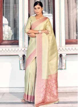 Kanjivaram Silk Cream and Hot Pink Designer Contemporary Saree