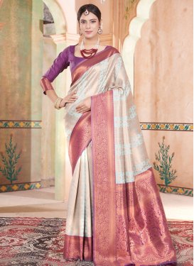 Kanjivaram Silk Firozi and Purple Woven Work Designer Contemporary Saree