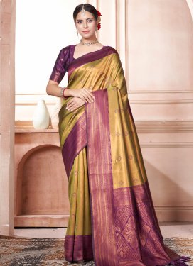 Kanjivaram Silk Gold and Purple Traditional Designer Saree For Ceremonial