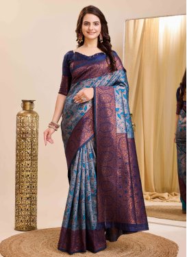 Kanjivaram Silk Grey and Navy Blue Woven Work Designer Contemporary Style Saree